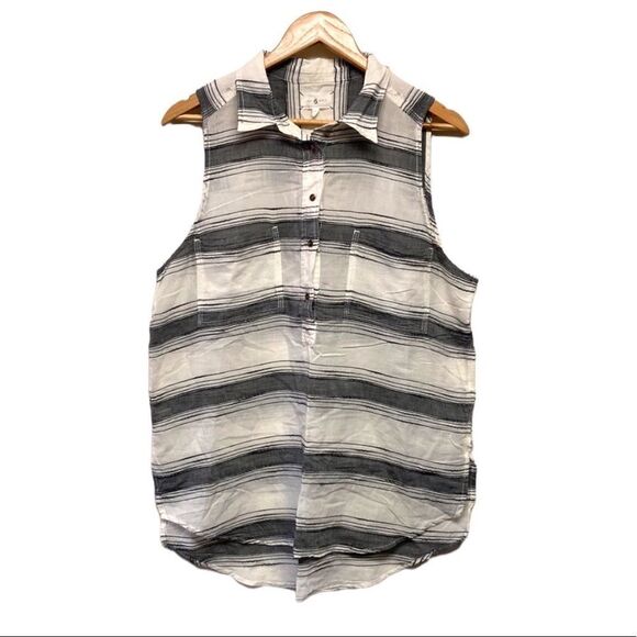 Lou & Grey 100% Cotton Light Weight Striped Sheer Sleeveless Collared Blouse L - Picture 1 of 7